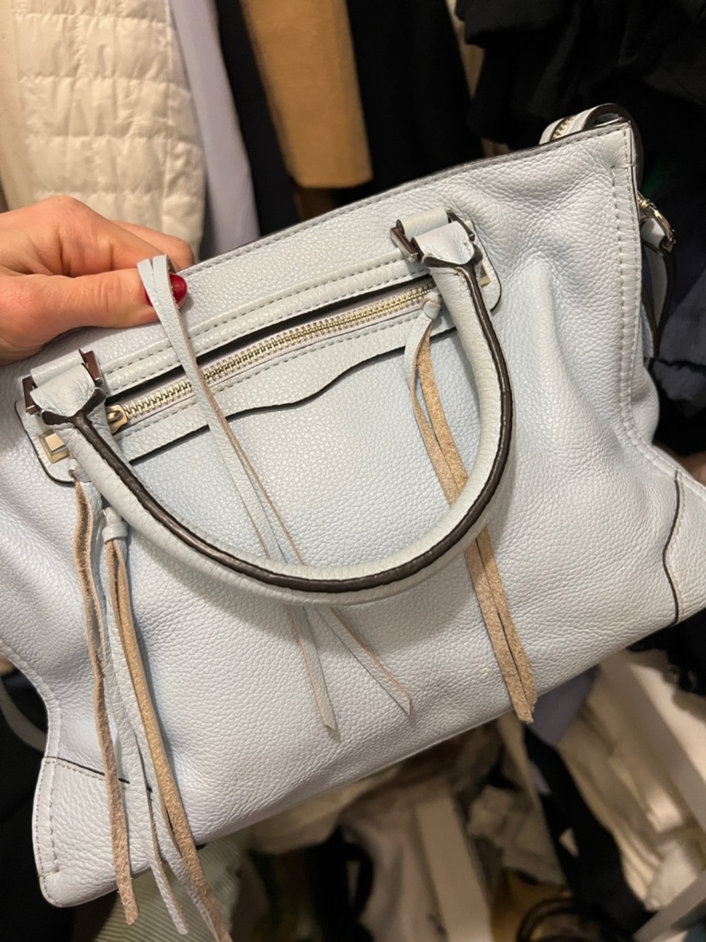 Rebecca Minkoff Light Blue Regan Leather Satchel with Tassel Details